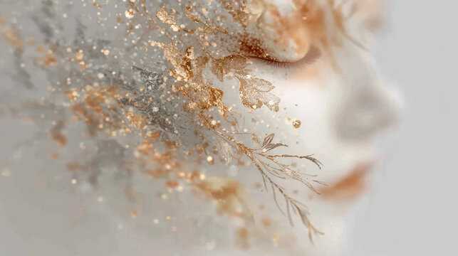 Ethereal Woman's Face with Golden Glitter and Botanical Elements