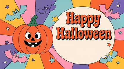 Fototapeta premium Happy Halloween greeting with pumpkin and bats in colorful background 