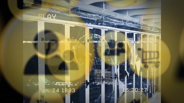 Animation of interference with icons and data processing over server room