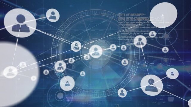 Animation of connected icons on radar and programming language and binary codes in background