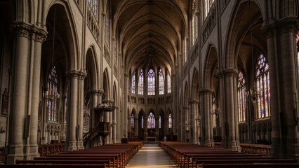 Obraz premium Architecture - Gothic Cathedral Interior with Ribbed Vaulted Ceiling Stained Glass Windows and Wooden Pews