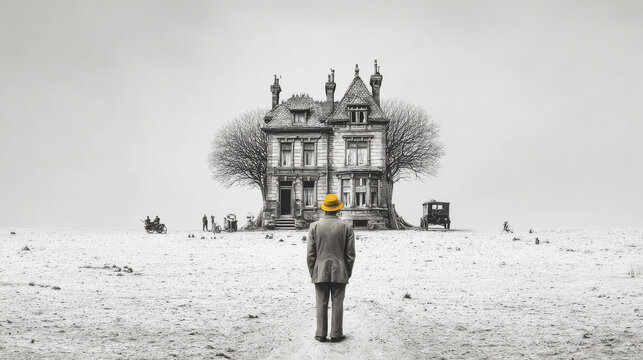Solitary Man in Yellow Hat Facing a Grand Old House in a Desolate Landscape