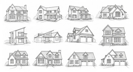 Fototapeta premium Pencil Sketch House Silhouettes, Architectural Styles, Residential Buildings, Hand Drawn Home Designs, Vector Illustration Collection