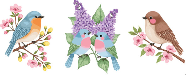 Fototapeta premium Hand-Drawn Birds Perched on Branches with Floral Accents for Spring, Nature, and Cute Animal Illustration Projects