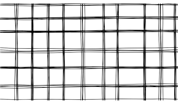 Black and white seamless checkered line pattern with freehand uneven grid sketch vector background