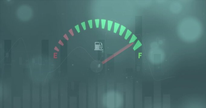 Animation of speedometer and statistical data processing against spots of light on blue background