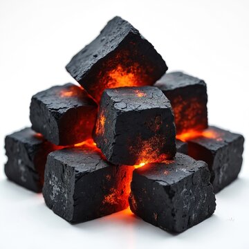Several glowing charcoal cubes stacked together on a white background. The hot embers radiate an orange glow from within the dark, textured material. These fuel lumps are ready for ignition.