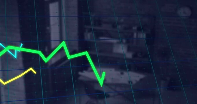 Animation of graphs over grid pattern over high angle view of empty office