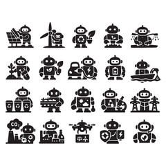 Fototapeta premium Eco Robot Icons Set, Green Technology Recycling Energy Sustainability Silhouette Vector Collection