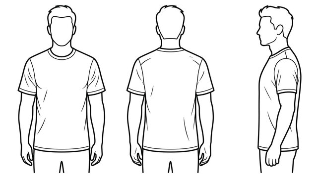 Man in t shirt front back and side view outline.