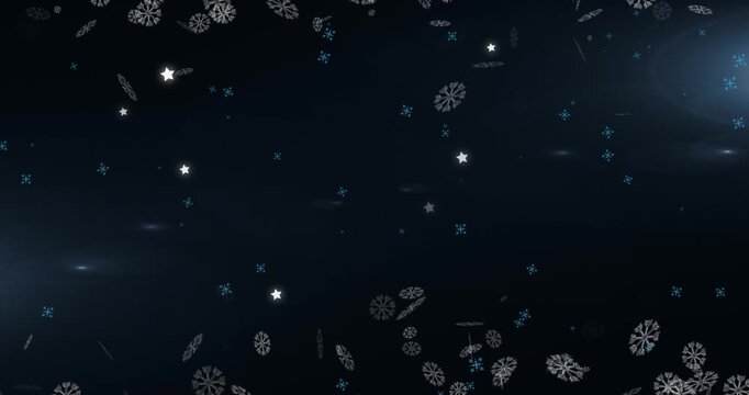 Animation of snowflakes and shining stars icons against blue background with copy space