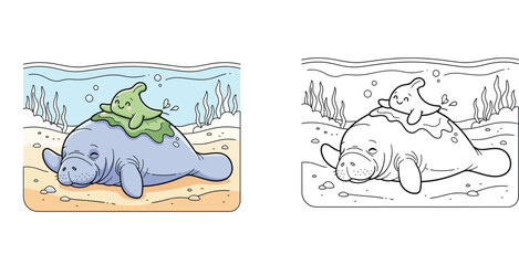 Cute cartoon hornbill bird standing on a log with colored beak, black and white outline vector illustration for coloring book © MstSangita