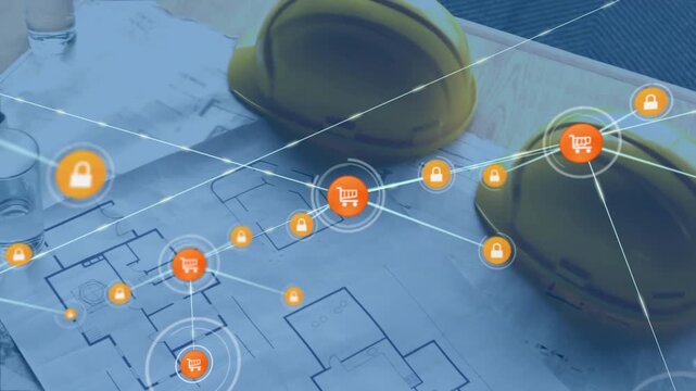 Animation of network of shopping cart and security icons over blueprints and hard hats on desk
