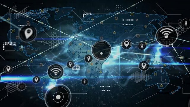 Animation of data processing and world map over network of connections with icons