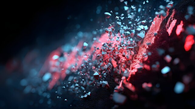 Financial data streams breaking apart into fragments, abstract crisis visualization, high detail