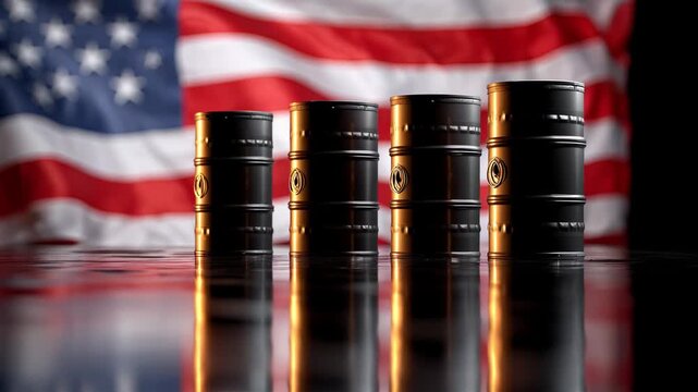 oil barrels with waving us american flag in background
