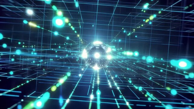 Futuristic digital grid with glowing blue lines forming network connections as data flows toward a central AI core in a high-tech visualization of machine learning and cyberspace.