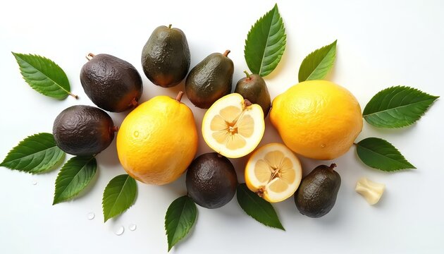 Collection of fresh aguaje fruits, lemons with green leaves arranged on white backdrop. Fruits whole, others cut in half, revealing texture, pulp. Image highlights healthy, natural ingredients.