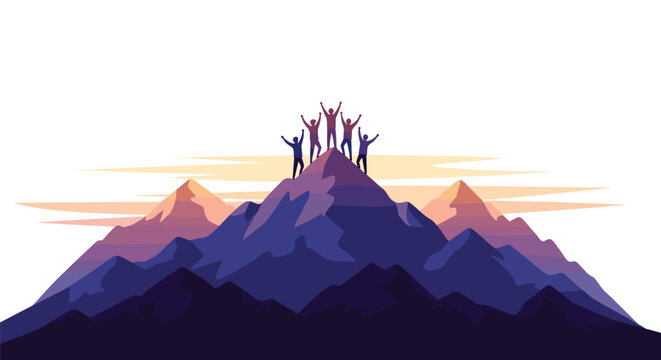 Five silhouetted figures stand triumphantly with raised arms on the peak of a prominent purple mountain under a soft, orange-hued sky against a white background.