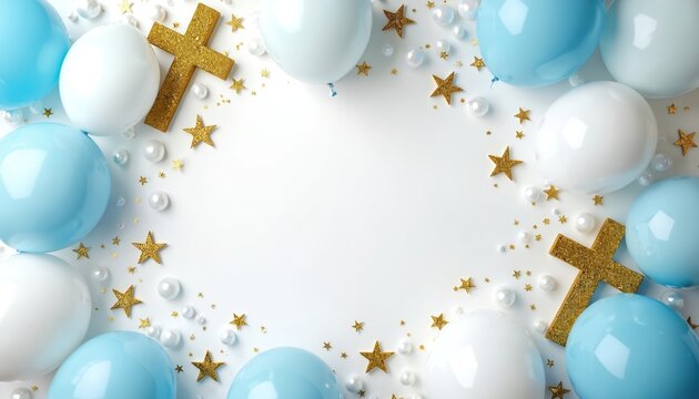 Gold crosses and balloons frame white space. Blue and white spheres float with star confetti. This scene is perfect for baby boy baptism or shower invitations.