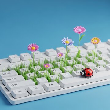 Ladybug on keyboard with flowers growing.