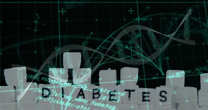 Depicting sugar cubes spelling DIABETES on neon grid showing nodes, code fragments and DNA helix