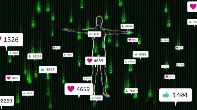 Glitch-effect avatar being animated in code rain, with floating social notifications and icons