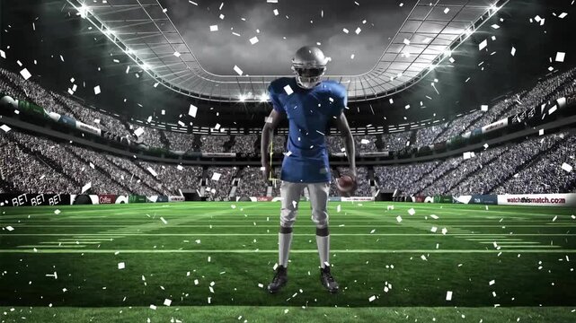 Football player stepping onto lit field causing confetti drifting, shifting ball preparing throw