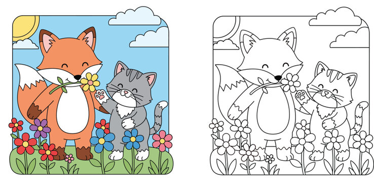Cute orange fox holding flower with gray cat friend in garden, happy cartoon animals vector illustration for kids, sunny spring nature background with sun and clouds.