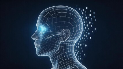 Obraz premium Human head with digital grid and binary code
