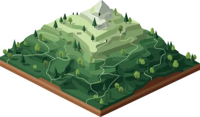 Fototapete Olive Isometric mountain terrain with layered landscape trees and contour lines detailed topographic map style vector illustration isolated on white  © MdNipon