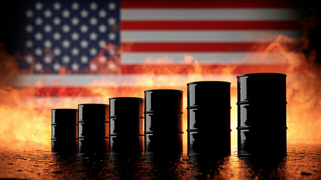 burning oil barrels with waving us american flag in background