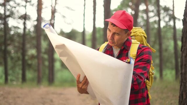 Reading map in pine forest while hiking with yellow backpack and red cap man checks route near tall tree focused face plaid shirt hiker studies trail navigation practice in green woodland area
