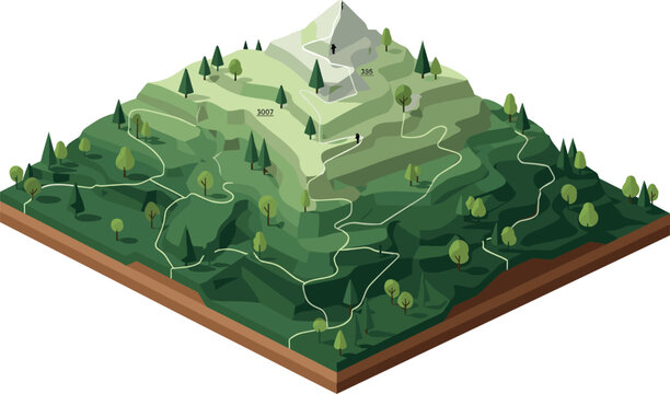 Isometric mountain terrain with layered landscape trees and contour lines detailed topographic map style vector illustration isolated on white