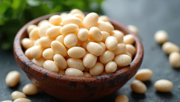 Creamy white butter beans fill rustic clay bowl. Uncooked legumes ready for healthy vegan meals. Natural pantry staple for wholesome cookery. Beans spill onto dark surface. Green leaves hint