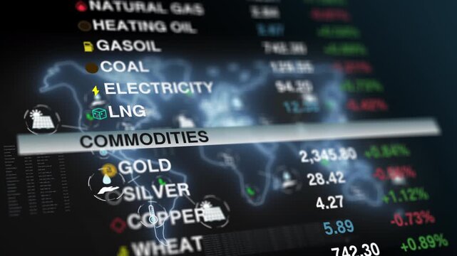 Animated style financial background combining global energy markets with world map visualization, price fluctuations and glowing indicators to represent worldwide trading activity.