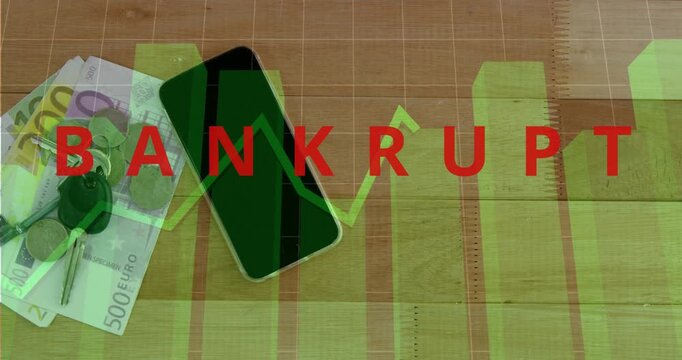 BANKRUPT overlay sparking green bars rising over cell cash and keys trend line dipping showing risk