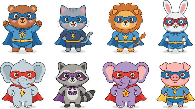Cute Superhero Animal Characters Vector Set with Cartoon Bear, Cat, Lion, Rabbit, Elephant, Raccoon, and Pig Heroes for Kids Design