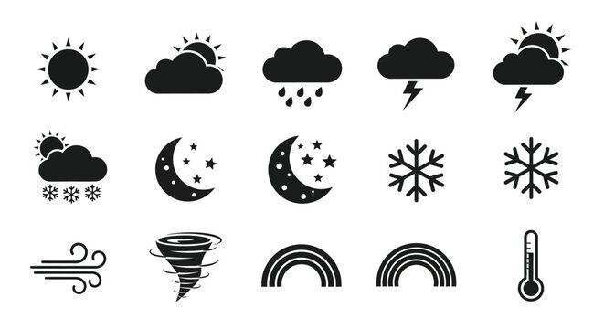 Weather forecast icons set including sun clouds rain snow moon stars wind tornado rainbow and thermometer on white background