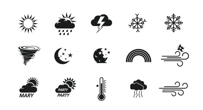 Weather forecast icons set including sun cloud rain snow tornado moon rainbow temperature wind and storm symbols in black on white background for meteorology and climate concepts