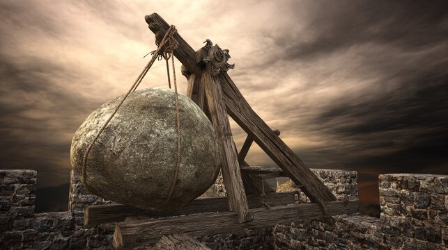 trebuchet. A medieval trebuchet on a castle battlement, loaded with a stone against a cloudy sky. real-estate listings.