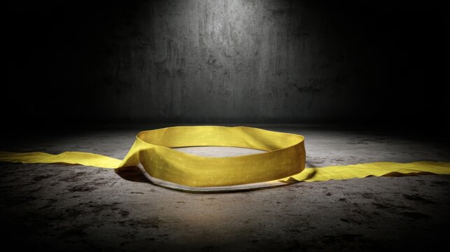 Bright yellow construction tape marking a hazardous area on a textured concrete surface with dramatic lighting
