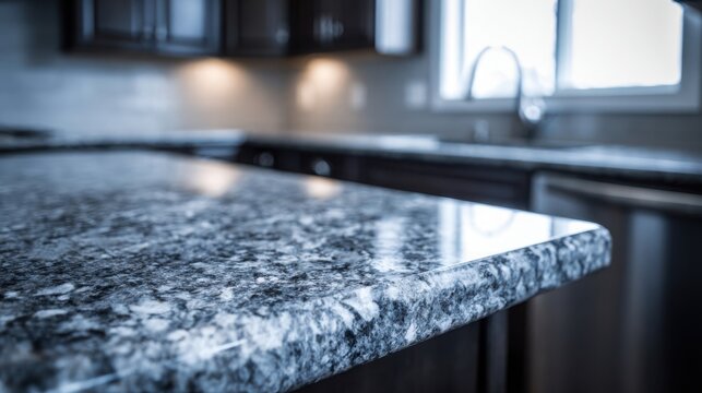 Close-up view of a polished black granite countertop with subtle flecks in a modern kitchen setting