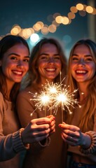 Fototapeta premium Three young women celebrate with sparklers at night. Friends share joy, smiles glow under bokeh lights. Festive mood with fireworks, happy girls have fun together outdoors. New Year.