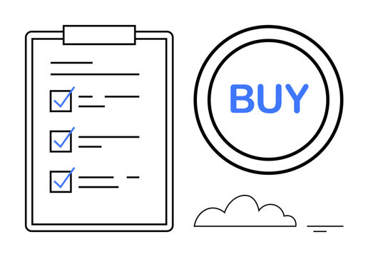 E-commerce concept. E-commerce checklist, action items, and buy button visualizing online shopping and consumer decisions. E-commerce simplifies purchases globally. For retail, marketing, business