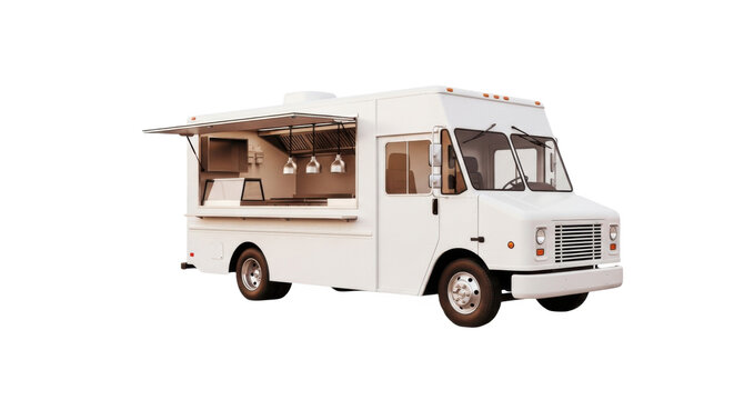 White food truck with open serving window isolated on transparent background