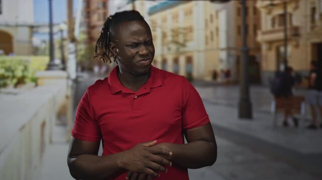 Young african american man in red shirt pinches nose with hand and grimaces on crowded street during daytime; disgust reaction.