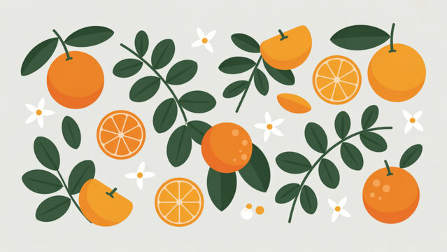 A vibrant flat illustration featuring fresh oranges with green leaves and delicate white blossoms Vector