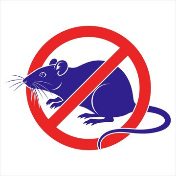 Prohibition sign features a blue rat silhouette within a red circle and diagonal line, clearly indicating 'no rats' or rodent control, set against a clean white background.