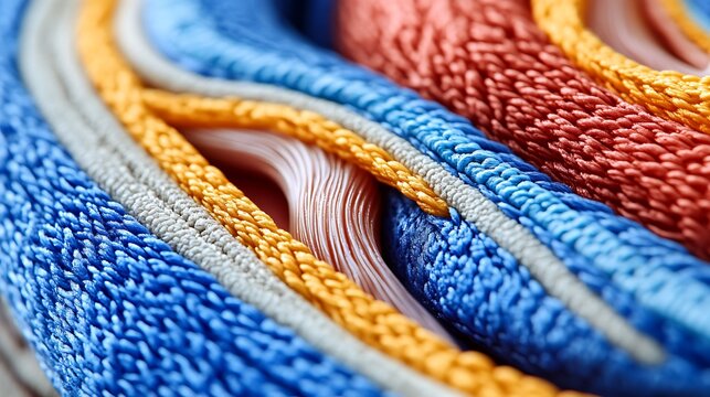 Abstract closeup vibrant interwoven threads with dynamic textile pattern.